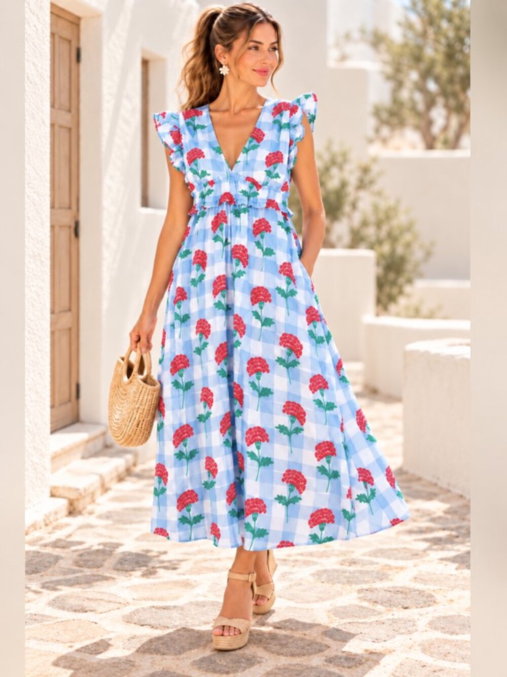 Sail to Sable NWT Size L Blue Gingham Red Hydrangea Cotton Midi Dress